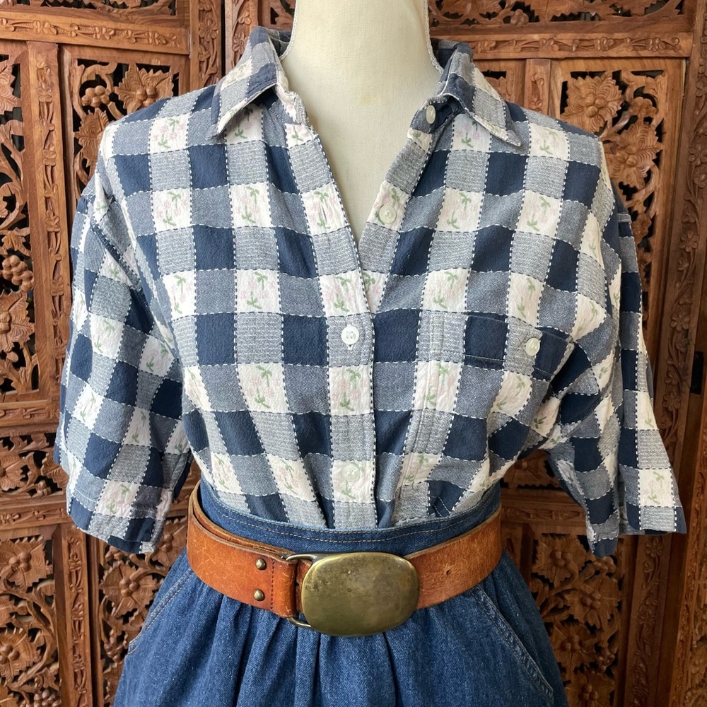 Womens Blue White Check Button-Down Shirt 100% Cotton